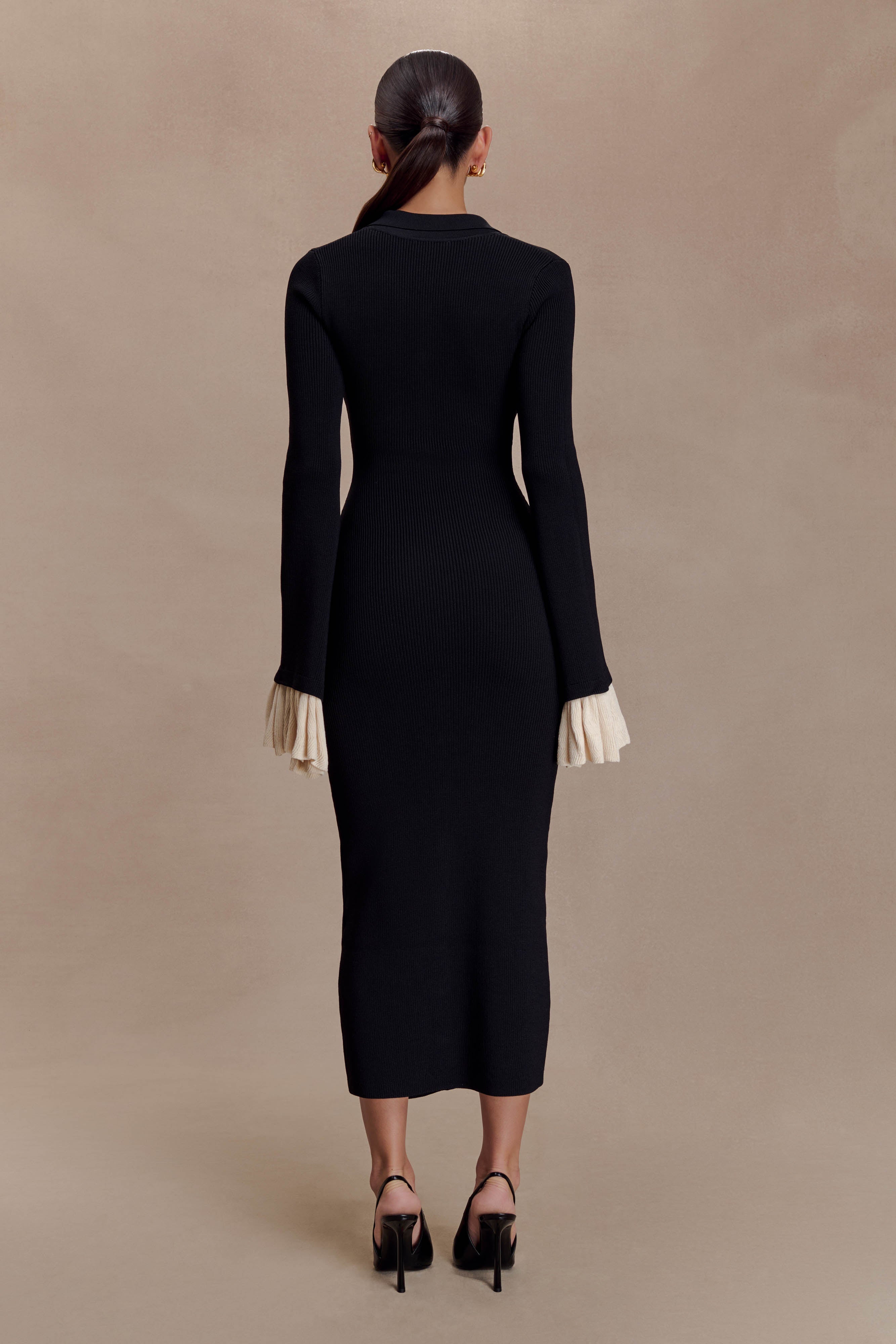 Amirose Ruffle Knit Midi Dress - Black