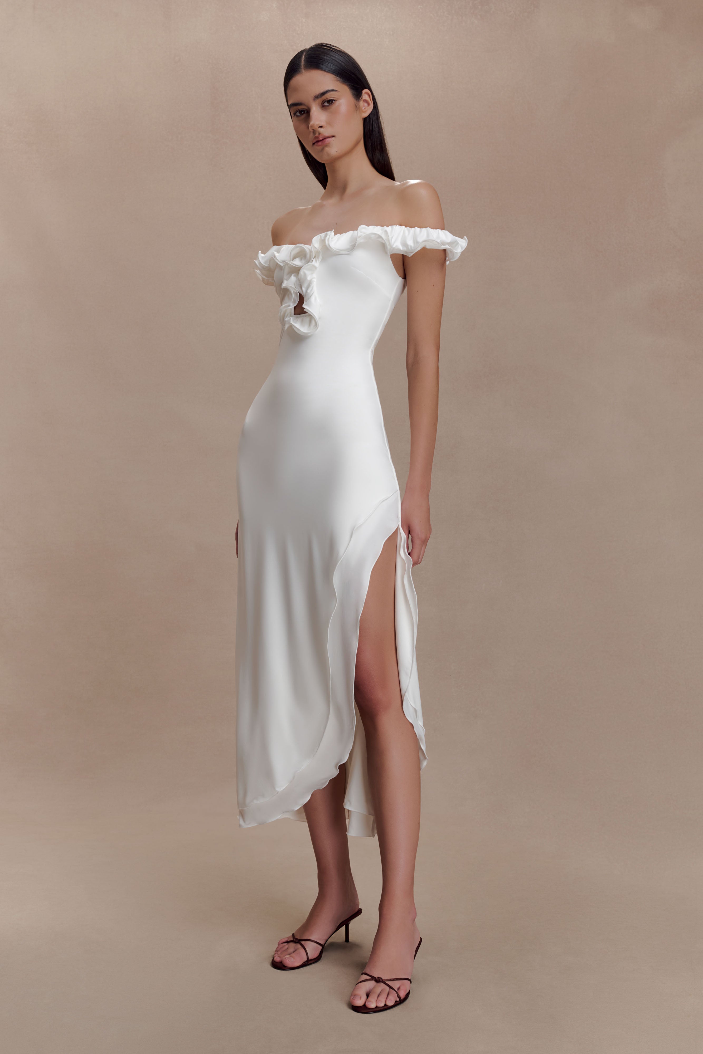 Allegra Off Shoulder Ruffle Midi Dress - Ivory