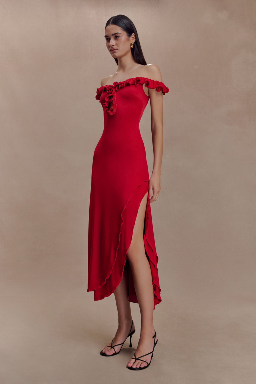 Allegra Off Shoulder Ruffle Midi Dress - Ruby